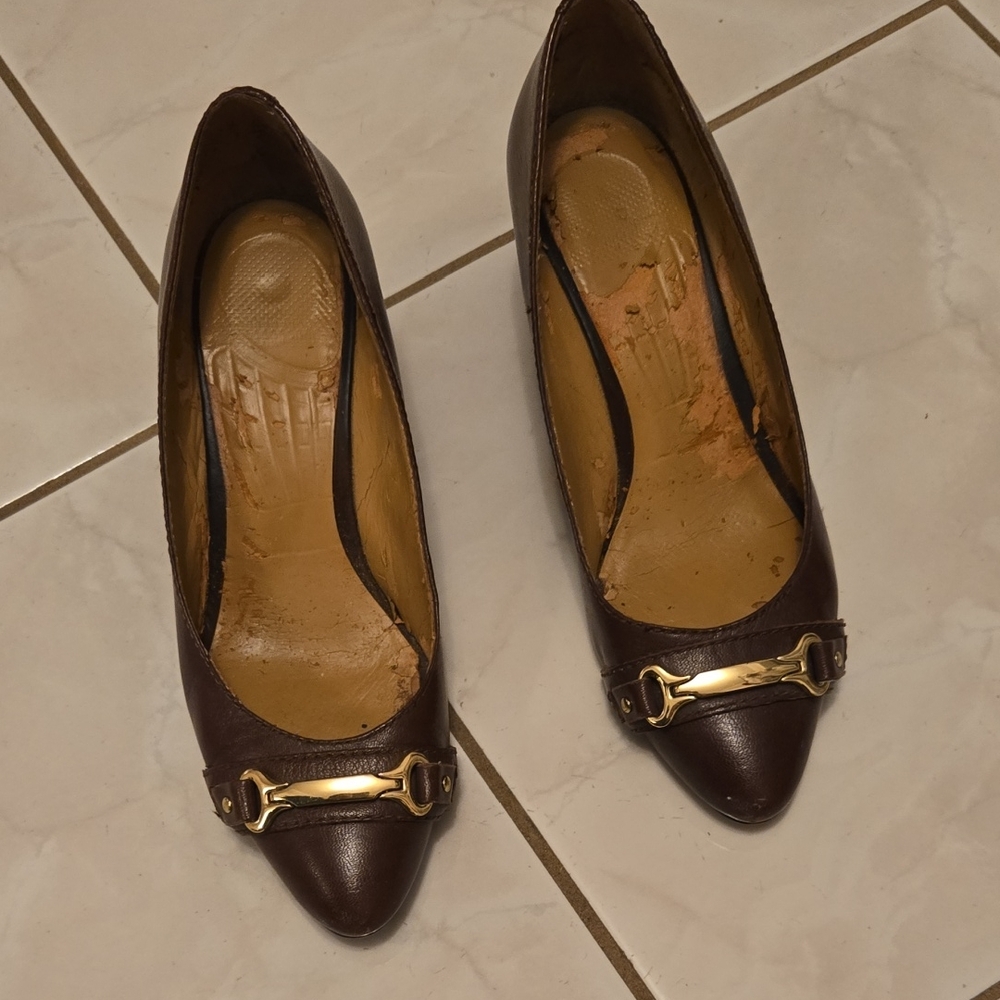 Women's Brown Wedge Pumps with Gold Accent